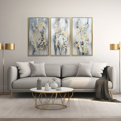 Modern Neutral Set of Three, Abstract Canvas on Gold Frame, Contemporary Wall Art Decor