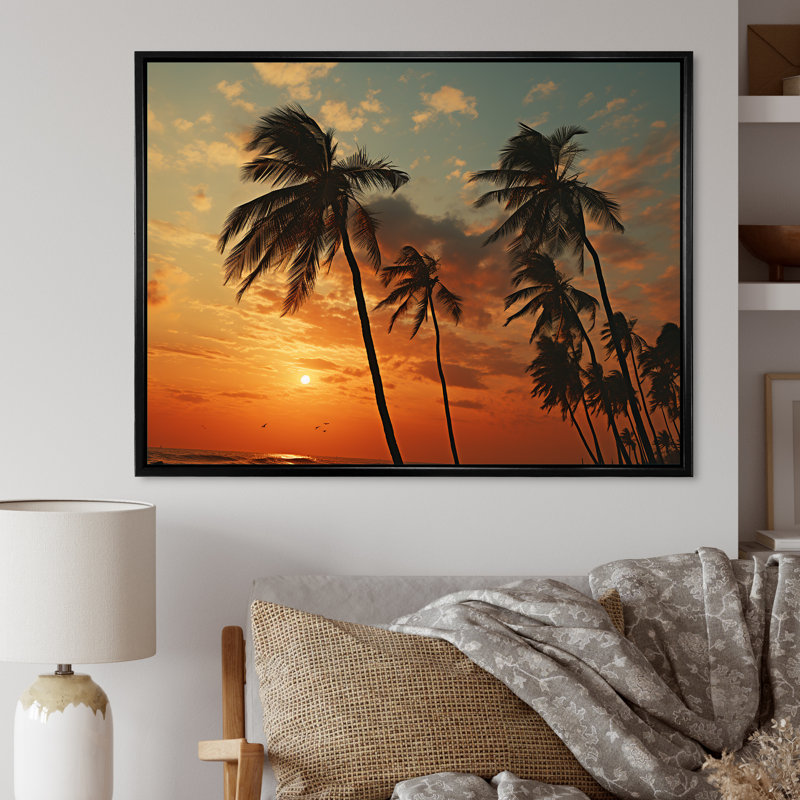 «Tropical Elegance Breeze Sunset» sur toile, H 16 po x l 32 po x P 1 po, Cadre flottant noir
