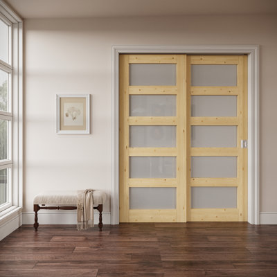 Porte intérieure en bois de pin et en verre givré 5-Lite, avec portes de contournement unies de style colonial, avec cadre solide renforcé et serrure de poche argentée et ensemble de quincaillerie, non fini et à peindre, pour garde-manger, chambre à coucher et garde-robe, facile à nettoyer, 48 po x 80 po "