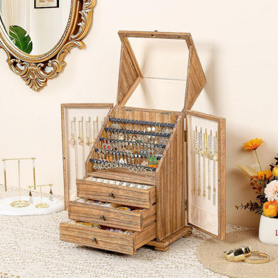 Large Jewelry Organizer Box for Women, Rustic Wooden Storage Case with Earring Holder Display, Organizer for Necklaces, Rings, Bracelets, Earrings, Ideal Gift for Her
