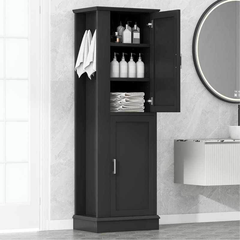 Grande armoire de rangement pour salle de bain, armoire de rangement autoportante avec crochet et tablette réglable, panneau de fibres à densité moyenne