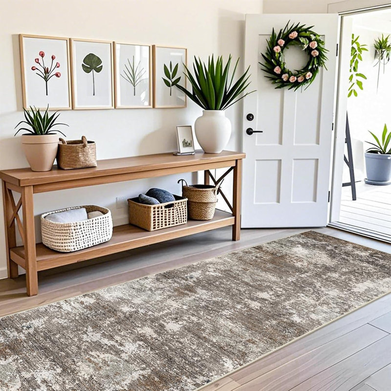 Long Hallway Rug – Non-Slip Washable Kitchen Floor Rug with Rubber Backing, Modern Low Pile Thin Wide Carpet for Bedroom, Entryway Indoor