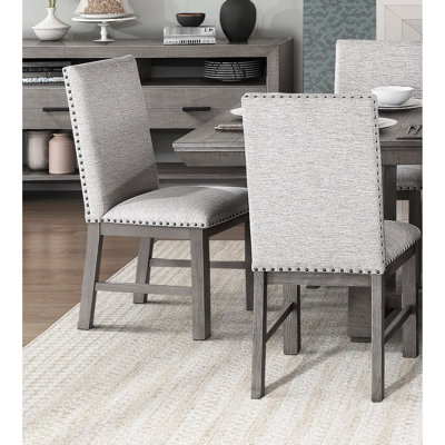 Siège et dossier en tissu beige 2 pièces, structure en bois gris, garniture cloutée, style rustique, profondeur de 24 po, largeur de 19,5 po, mobilier de salle à 2 chaises, revêtement de 19 po de hauteur, capacité de 250 lb