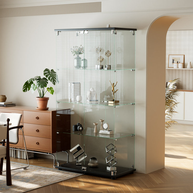 Tempered Glass Display Cabinet, Clear Showcase For Collectibles, Black