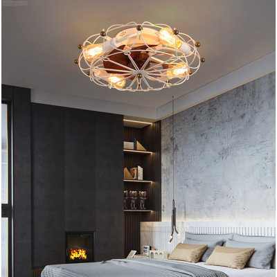 Rustic Industrial Caged Ceiling Fan with Lights Reversible 6-Speed Remote Control White