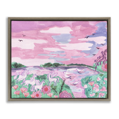 «Pastel Unicorns Landscape», art mural encadré flottant gris par Melissa Wang