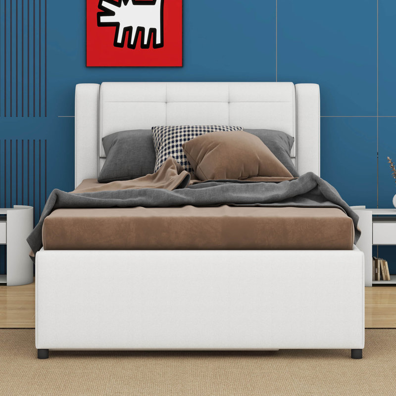 Upholstery Platform Bed With Trundle,Trundle Can Be Flat Or Erected, White, Full