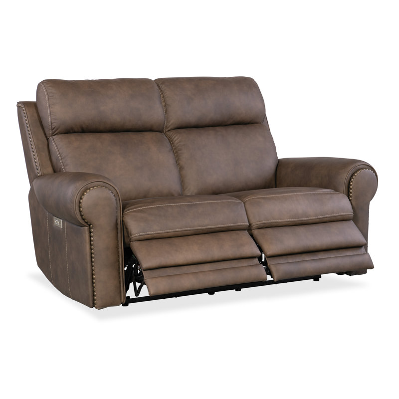 Kalahari Camel Leather Reclining Loveseat with Rolled Arms and Nailhead Trim