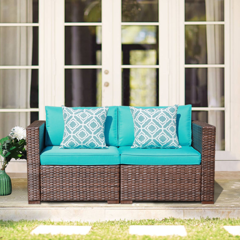 Gerdt 59.2'' Wide Wicker Loveseat with Cushions, Blue Cushion//Brown Frame