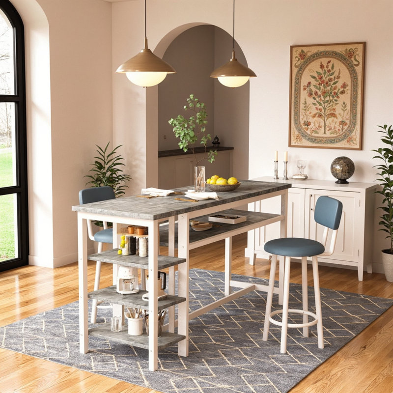 Bar Table Set For 2 With 4 Storage Shelves, 47" Industrial Breakfast Table And 2 Upholstered Counter Stools with Backrest & Footrest, Space Saving 3-Piece Dining Set of 2 for Kitchen, Living Room, Studio, Pub