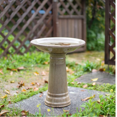 Bain d'oiseaux sur piédestal en céramique émaillée kaki rétro de 12,4 pouces - Décoration de jardin pour oiseaux et fontaine