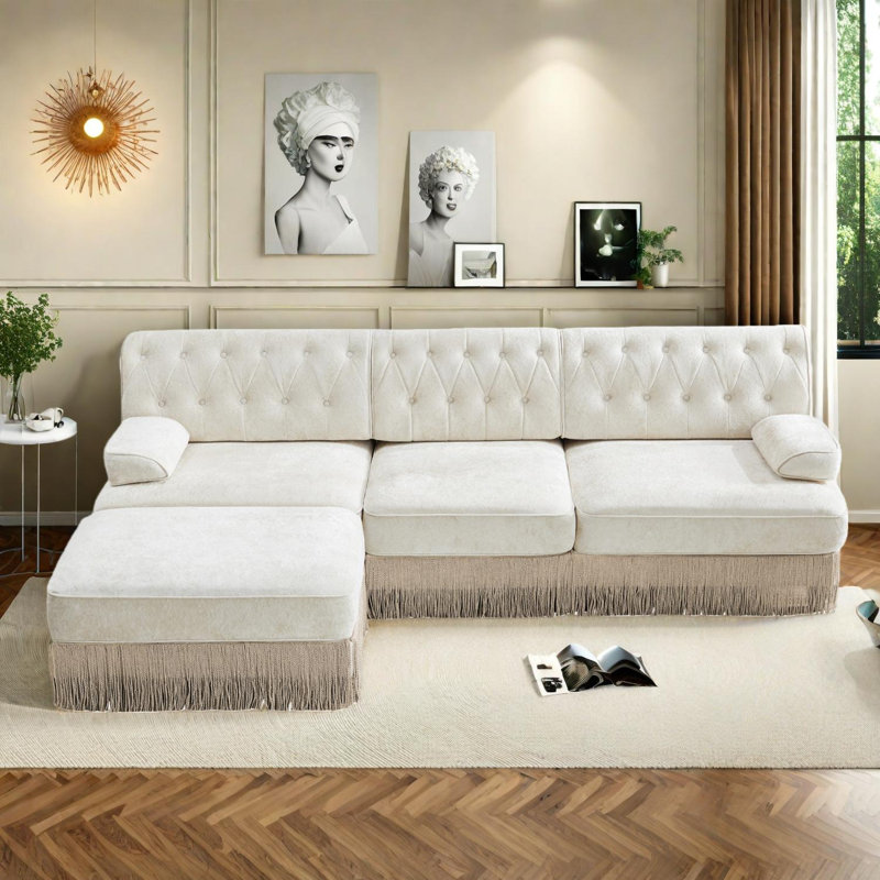 Canapé modulaire 3 places en velours capitonné, Beige