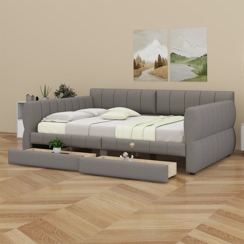 Upholstered Platform Bed With USB And 2 Drawers