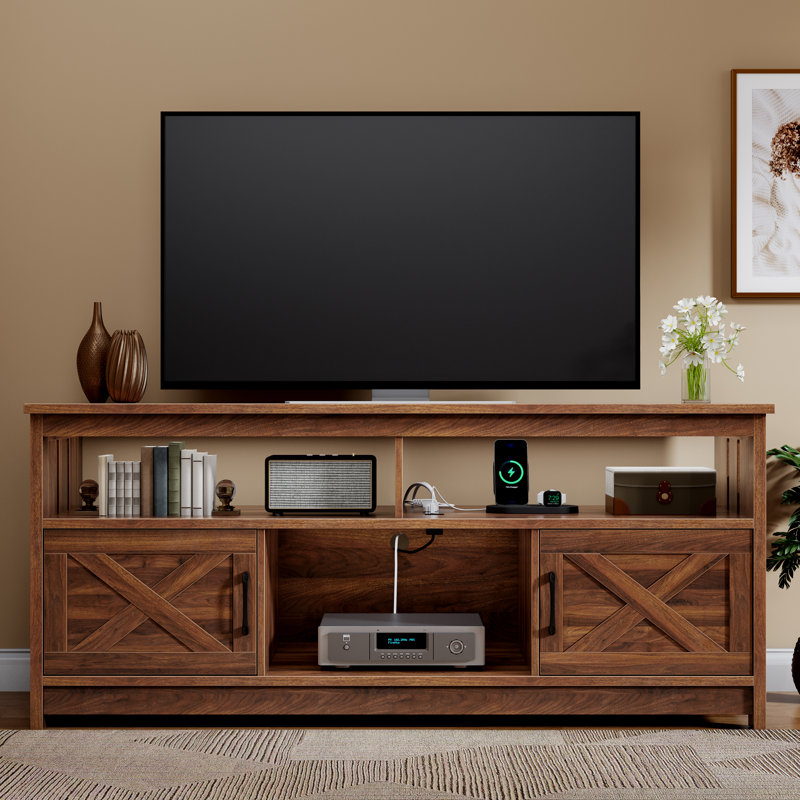 Modern Mid-Century Entertainment Center Media Console Table TV Stand With Power Outlet Storage Cabinets And Open Shelf