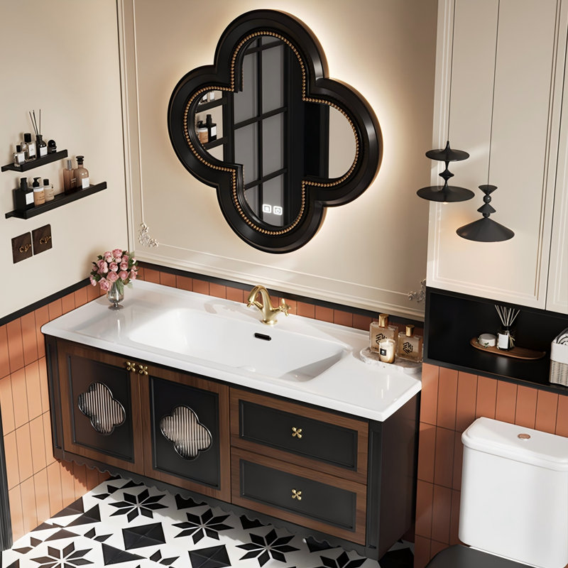 Meuble-lavabo mural en chêne massif bicolore noir et brun avec miroir intelligent, H 19,68 po x l 43,70 po x P 19,68 po