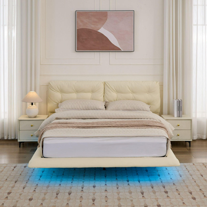 Grand lit plateforme en cuir PU avec tête de lit capitonnée et lumières DEL, cadre de lit tapissier moderne, assemblage facile, sans sommier, blanc