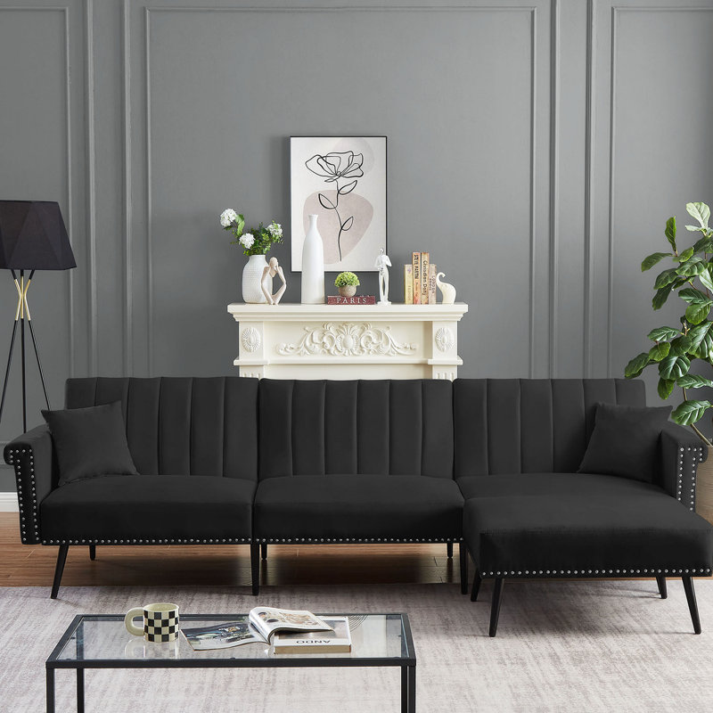 Sectional Sofa Bed, Living Room Couch, Velours noir