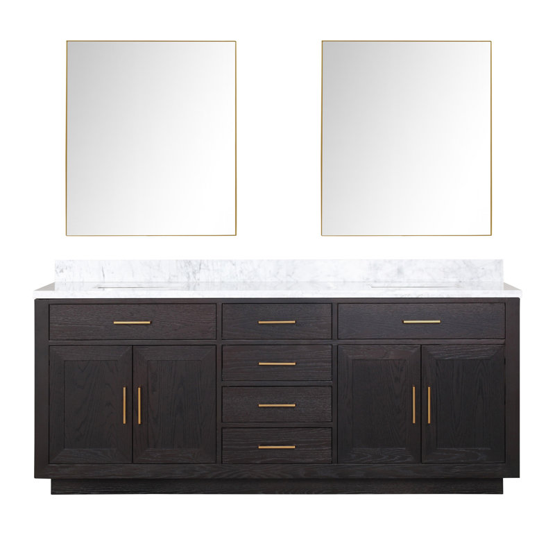 Ensemble de meuble-lavabo double 80 "avec miroir, Chêne noir, Marbre de Carrare blanc