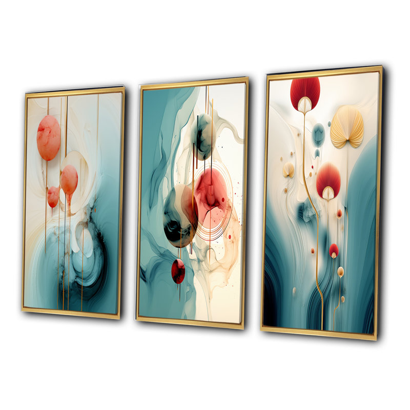 «Tender Awakening» en bleu et rouge - Ensemble d'art géométrique moderne de 3 pièces, Cadre flottant doré, H 28 po x l 36 po