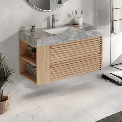 Meuble-lavabo flottant avec tiroirs et tablettes ouvertes 36 po, bois clair