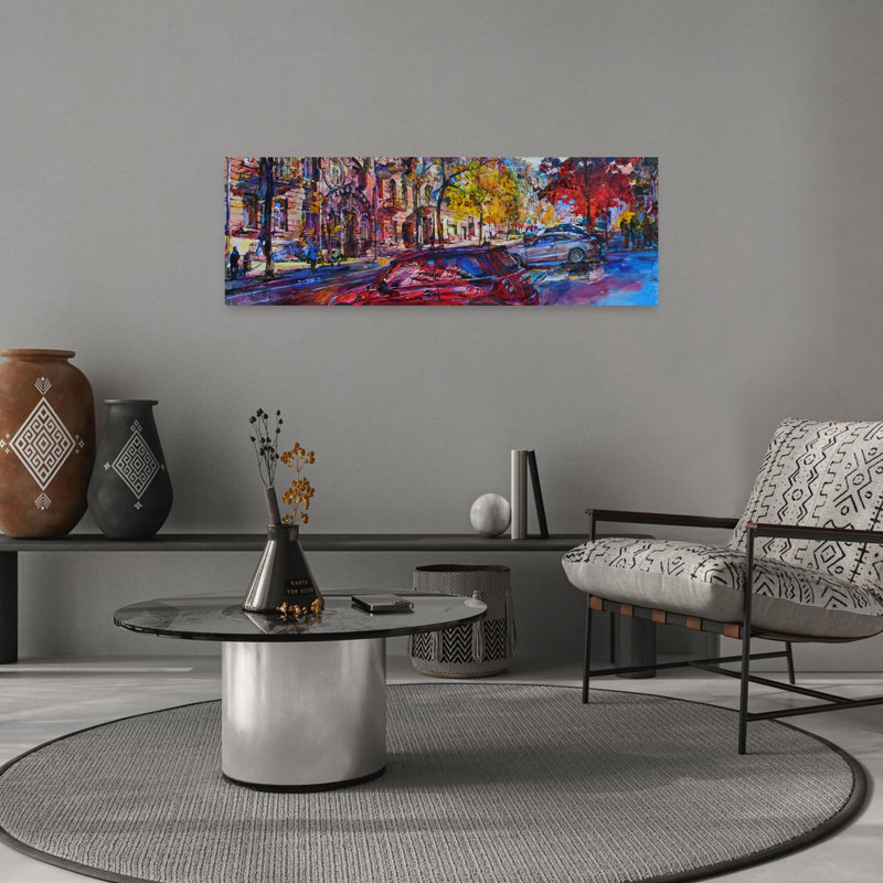 «Vibrant Autumn City Street», art abstrait coloré de l'architecture contemporaine de l'automne, H 36 po x l 12 po
