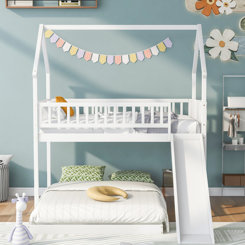 Lit superposé simple au-dessus d'un lit double avec glissière et glissière de sécurité incluse, Blanc