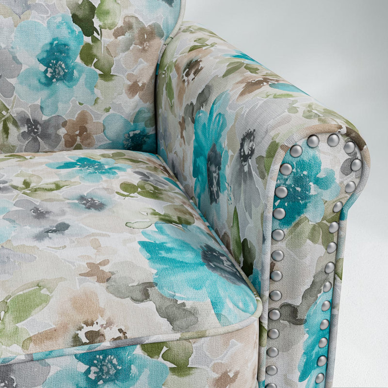 Fauteuil d'appoint à accoudoirs roulés l 33,5 po avec garniture cloutée et pieds en bois massif, Bleu