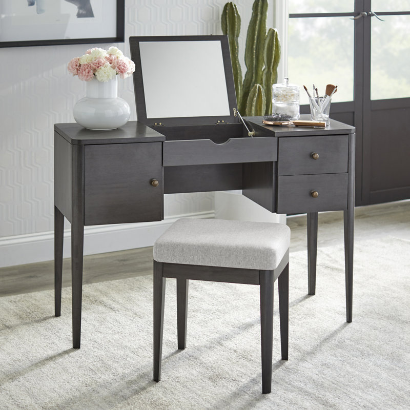 Ensemble de coiffeuse avec tabouret et miroir, Gris