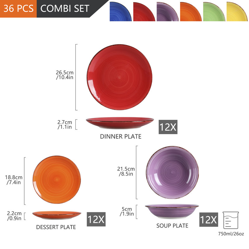 Sylvain 36 Piece Stoneware Dinnerware Set - Service for 12, Assorted Colours