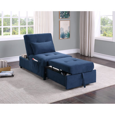 Banc de rangement moderne avec lit escamotable en velours bleu foncé - fabrication en bois massif et housse de coussin lombaire confortable