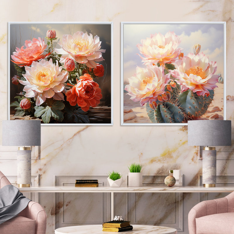 Ensemble de 2 hameçons délicats délicates roses et vertes Cactus, H 16 po x l 33 po, Cadre flottant blanc