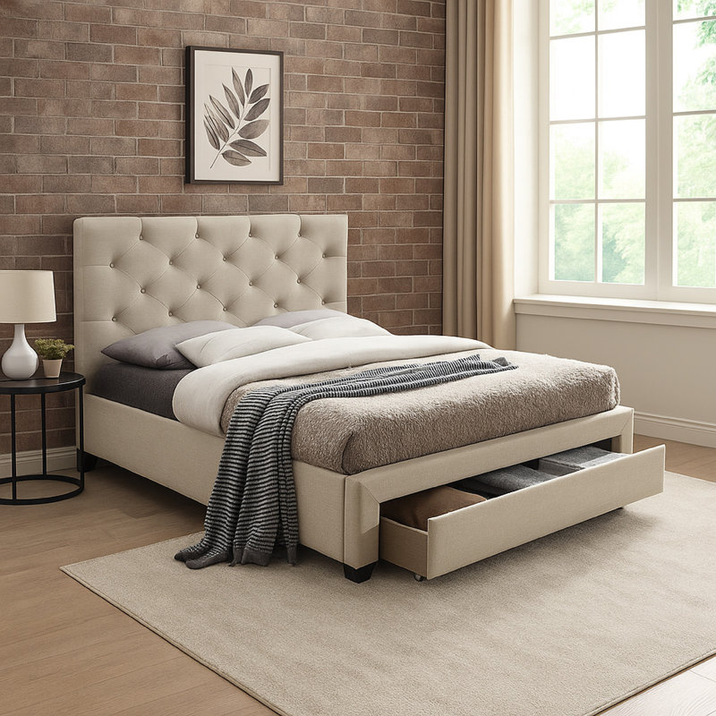 Lit Sya avec capitonnage à boutons et rangement sous le lit, Beige, Double
