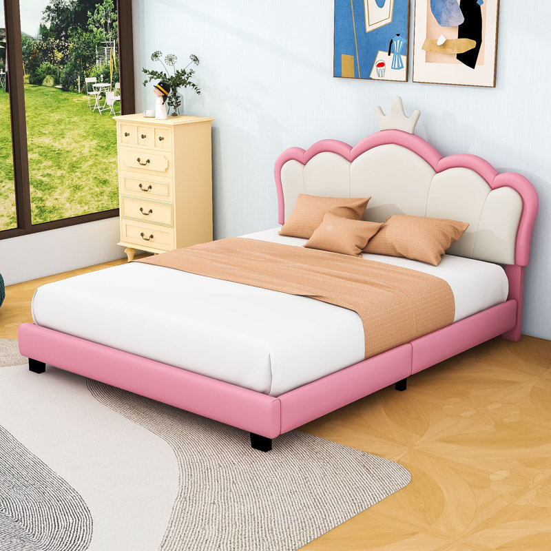 Upholstered Platform Bed with Crown-Shaped Headboard, Full
