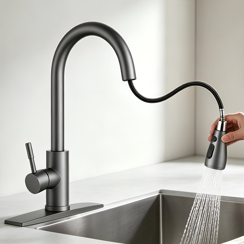 Robinet de cuisine monocommande à bec haut extractible en acier inoxydable, Matte Black