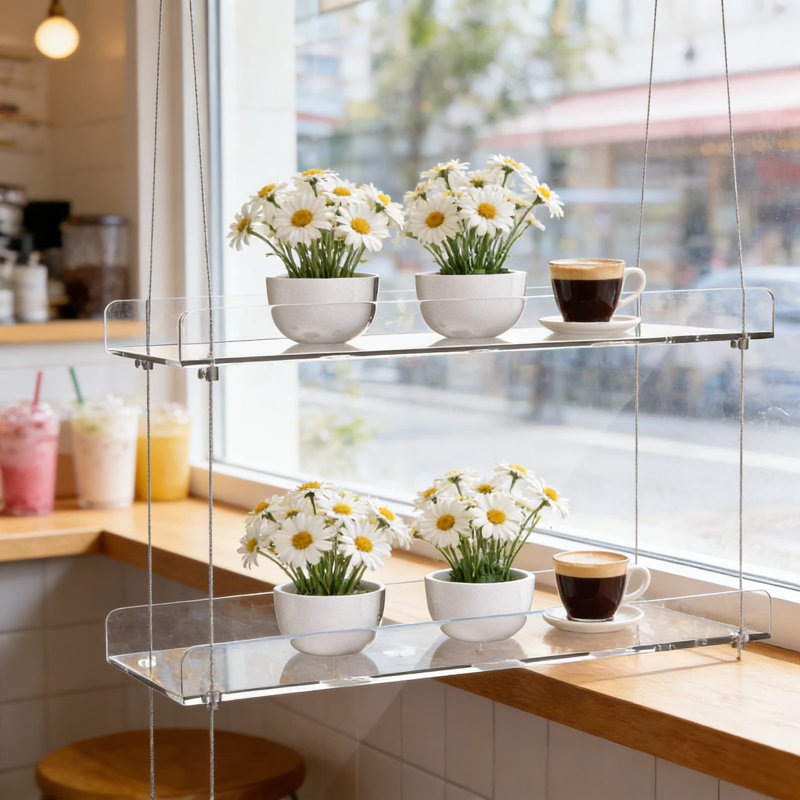 Tablettes suspendues transparentes en acrylique transparent pour plantes - Présentoir réglable à 2 niveaux pour la verdure intérieure, les herbes et les décorations dans la cuisine, la chambre à coucher ou le salon