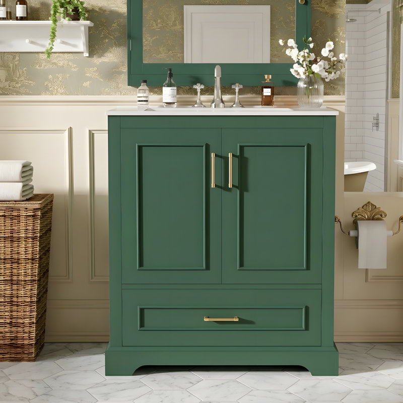 Meuble-lavabo moderne avec lavabo en céramique, Vert, 28"