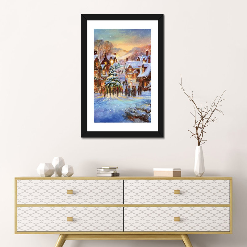 «Snow Village» par Jim Mitchell - reproduction imprimée, Papier encadré noir, H 24 po x l 16 po x P 1 po