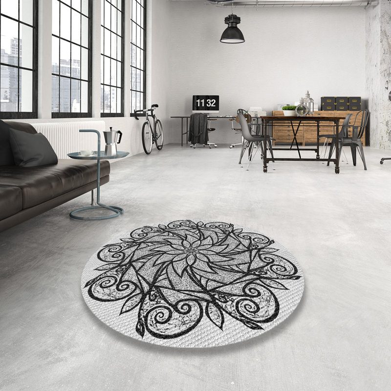Tapis noir/blanc tissé à la machine, Rond 6 pi
