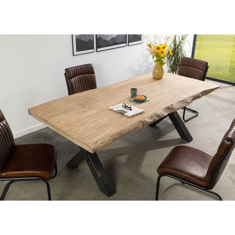 Solid Wood Top Metal Base Dining Table, 77 cm H x 240 cm L x 100 cm D, Beige, Anthracite