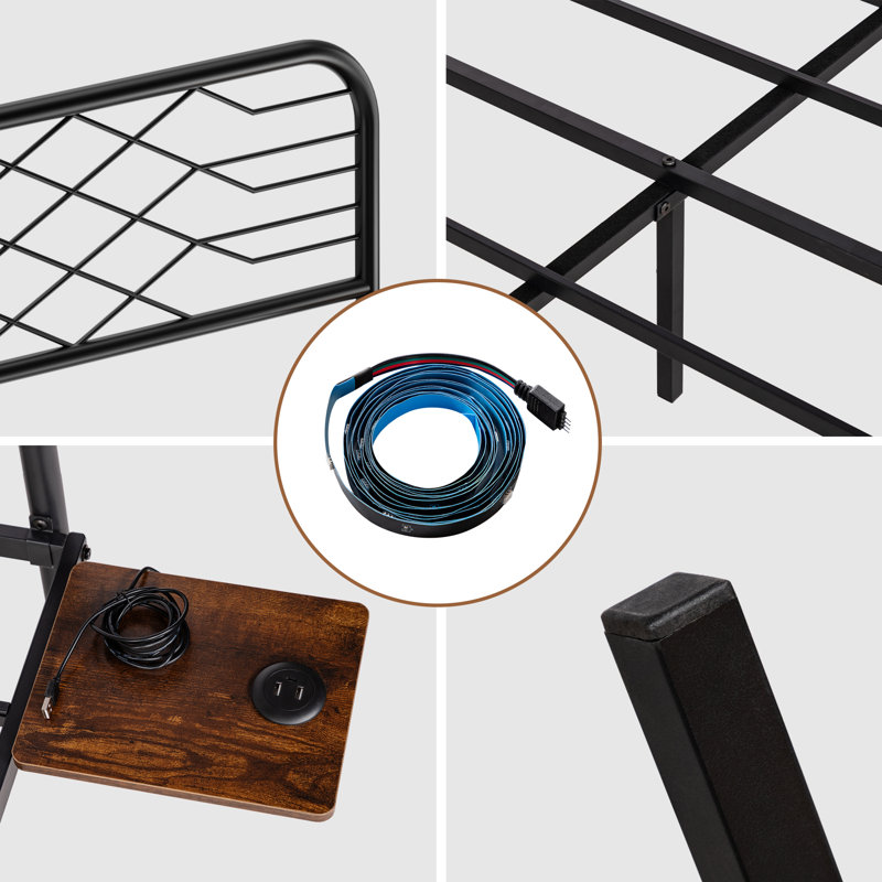 Aether Floating Metal Bed Frame with Charging & LED Lighting & Shelves, No Box Spring Needed