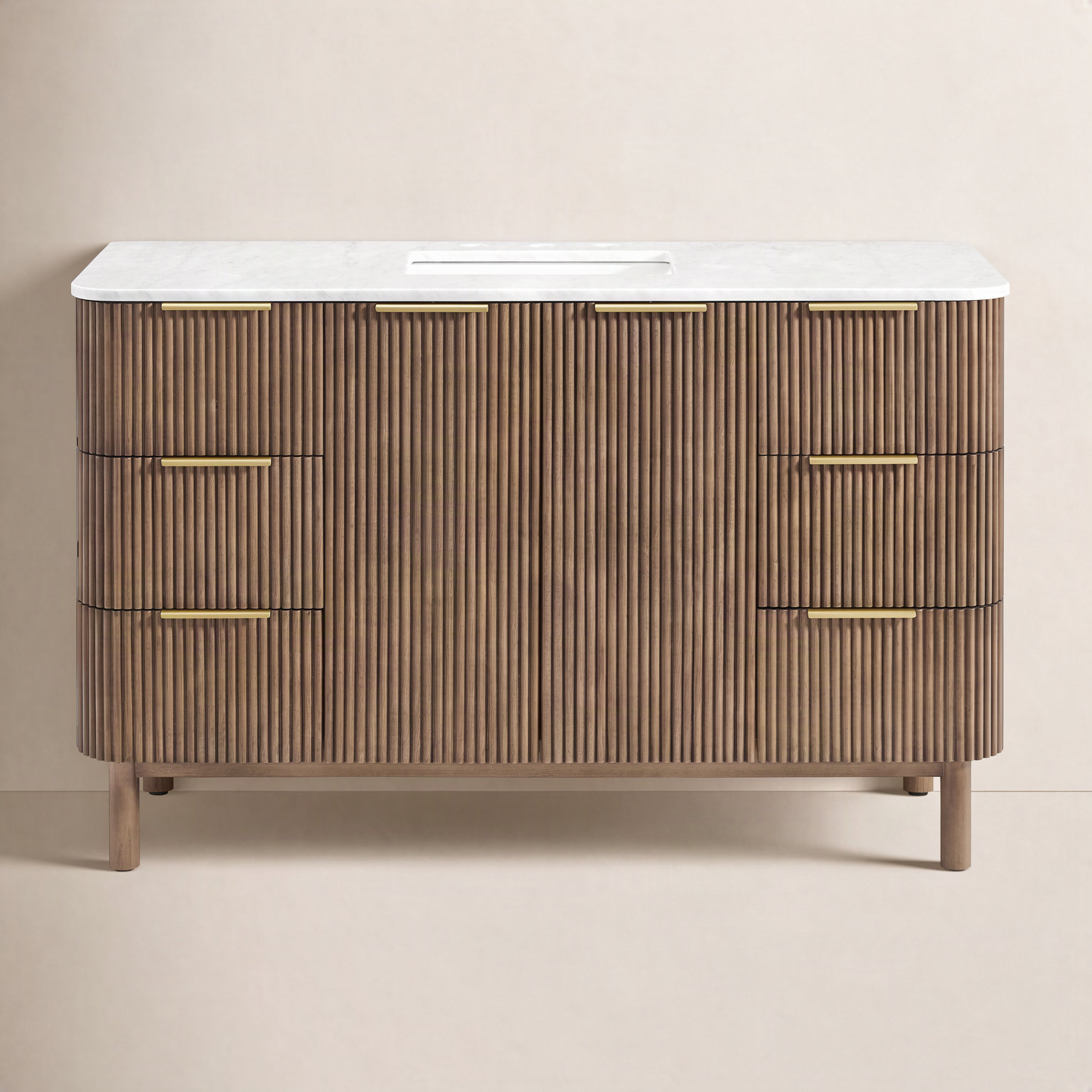 Nova 55" Carrara Marble Single Bathroom Vanity, Brown Reeded Birch