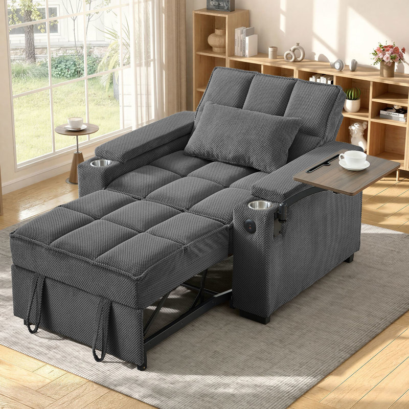 Chaise longue convertible simple avec USB et Type-C, 2 porte-gobelets, table d'appoint, rangement sous le siège et accoudoirs de rangement