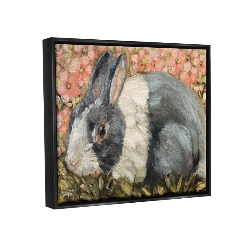 Lapin sauvage et prairie fleurie - peinture, Cadre flottant noir de jais, H 17 po x l 21 po x P 1,7 po