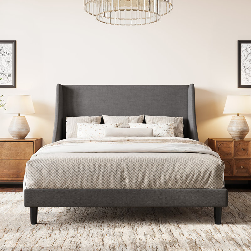 Bowdoin Modern Linen Upholstered Wingback Platform Bed with Wooden Slats, Dark Gray, Full