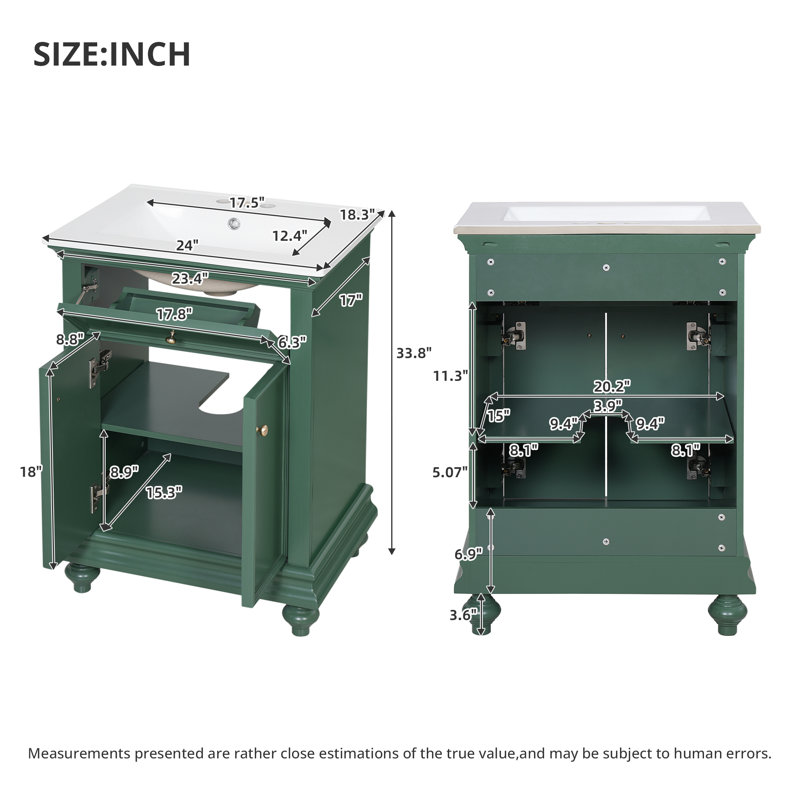 Meuble-lavabo de salle de bain 24 po avec tiroir basculant, charnières à fermeture en douceur et pieds tournés en boule, meuble de rangement autoportant avec structure ouverte à l'arrière, style français d'élégance