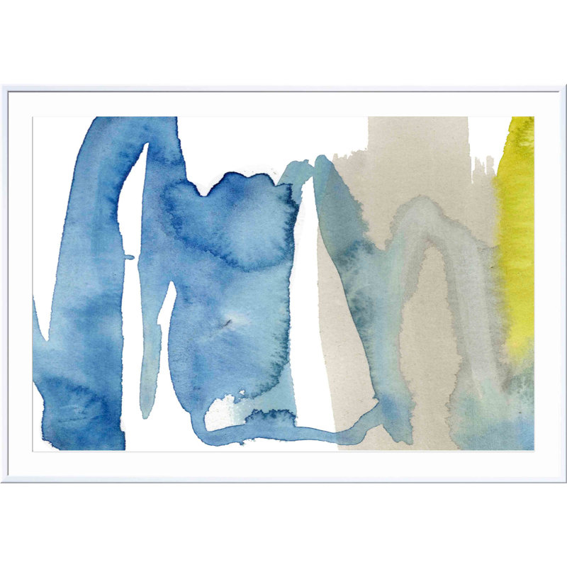 «Indigo and Citron I» par Jennifer Goldberger - peinture encadrée, Blanc, H 12 po x l 12 po