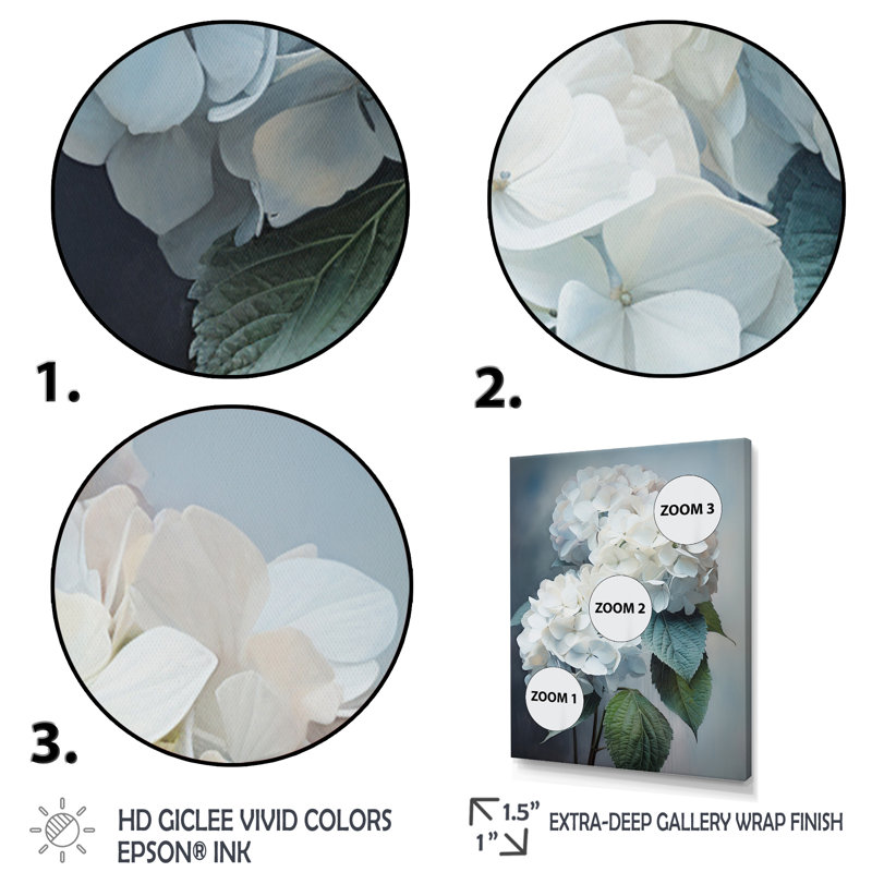 Blanc hortensia, chuchotement - art mural hortensia, H 32 po x l 16 po x P 1 po, Cadre flottant brun