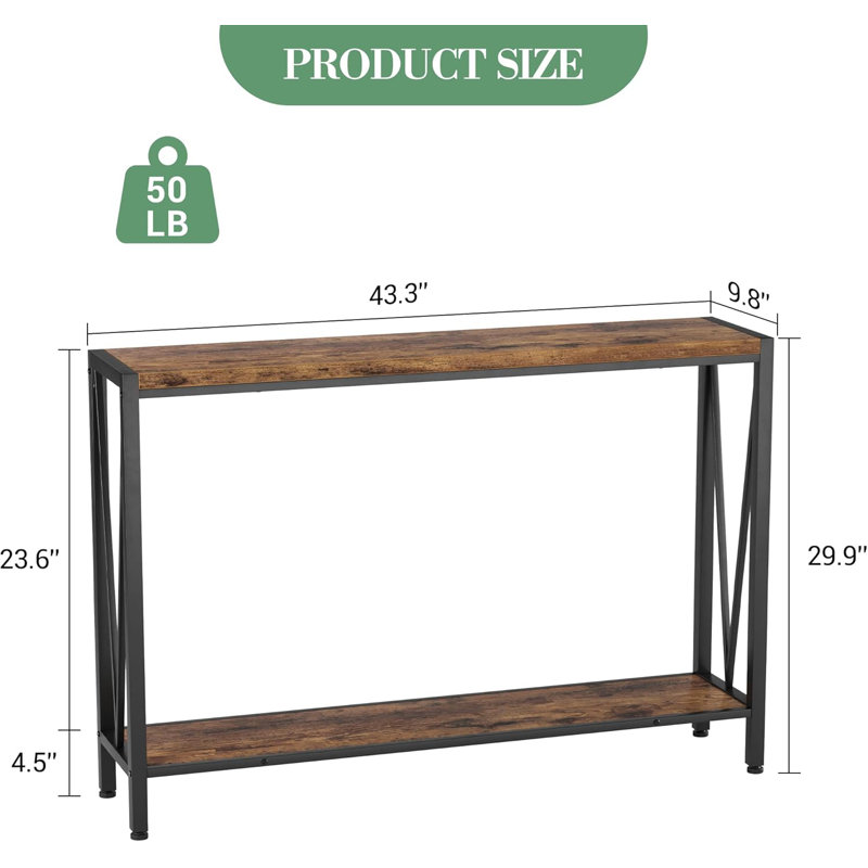 Console Table, 2-Tier Industrial Entryway Table With Shelves, Narrow Sofa Table With Adjustable Feet, Entrance Table For Hallway, Entryway, Living Room, Foyer, Corridor, Office, Vintage