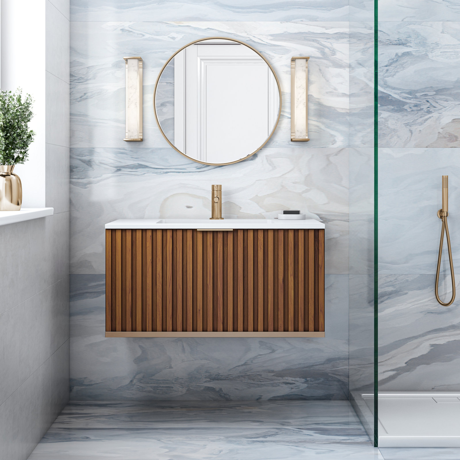 Terra 36'' Single Bathroom Vanity, Walnut, White Granite, Satin Brass