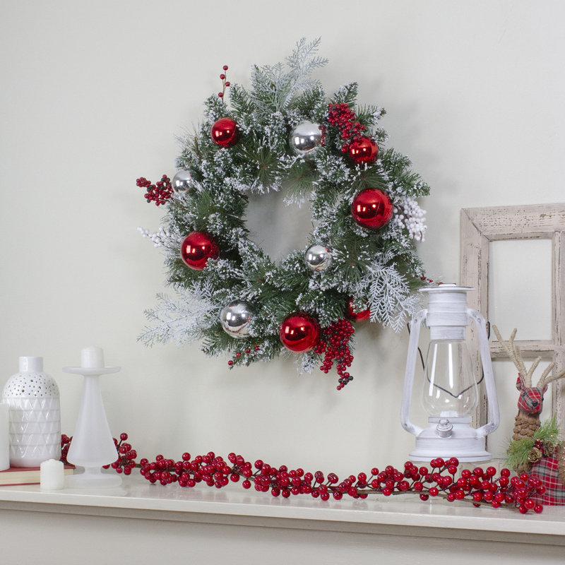 Flocked Mixed Pine with Ornaments and Berries Artificial Christmas Wreath 24-Inch Unlit